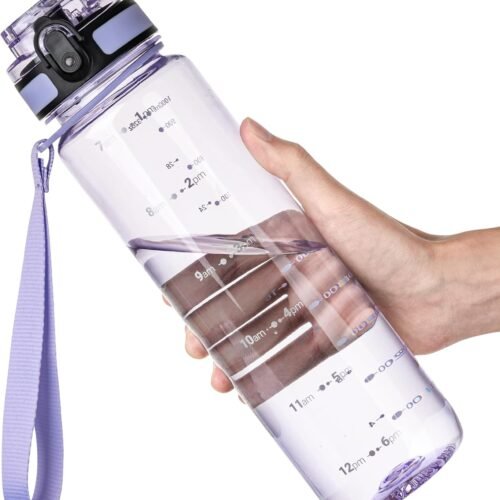 32 oz Water Bottle, Motivational Water Bottle with Time Marker, Sports Water Bottle With Strap, Leakproof & BPA Free Large Water Bottles for School,Gym,Outdoor, , Transparent-Purple