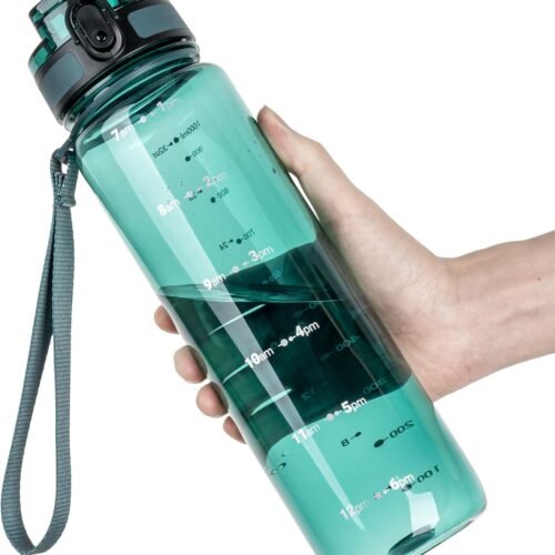 32 oz Water Bottle, Motivational Water Bottle with Time Marker, Sports Water Bottle With Strap, Leakproof & BPA Free Large Water Bottles for School, Gym, Travel, , Transparent Dark Green