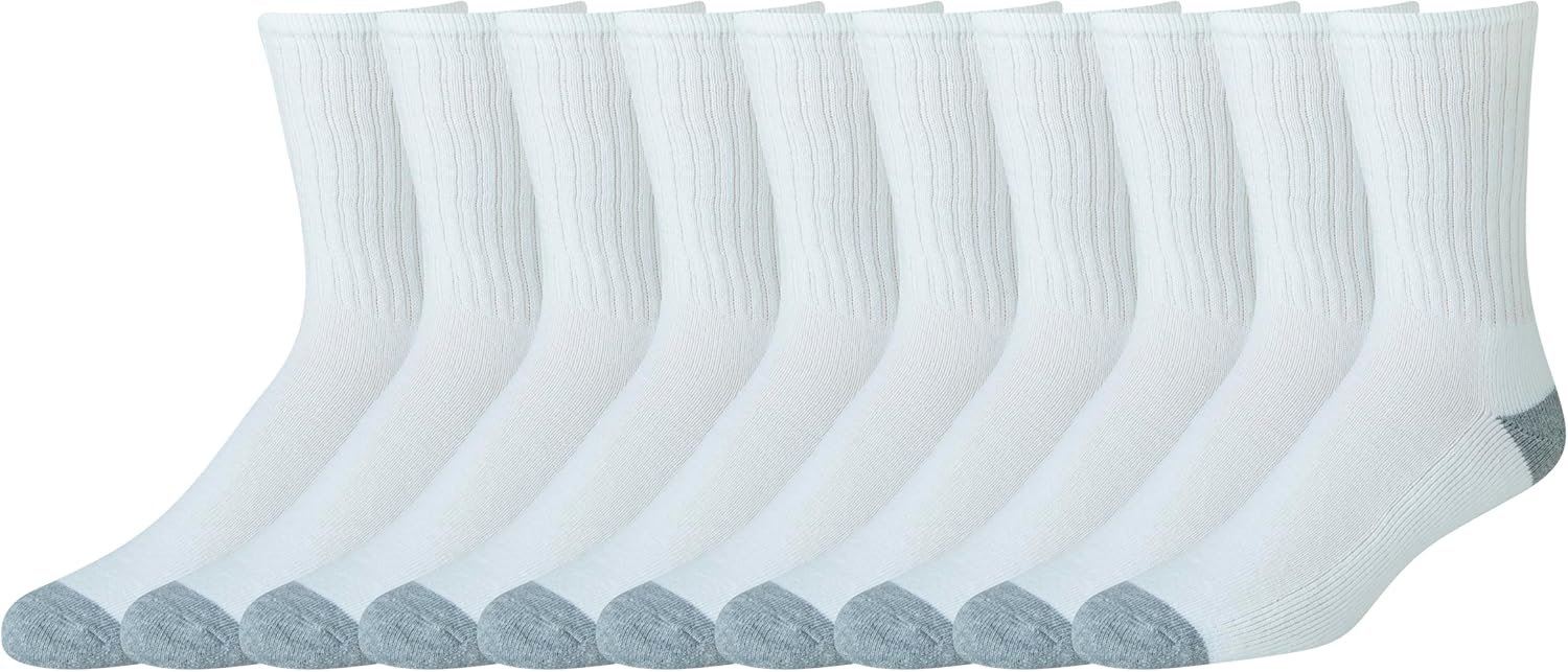 Men's Cotton Crew Athletic Socks with Cushioned Sole, 10 Pairs