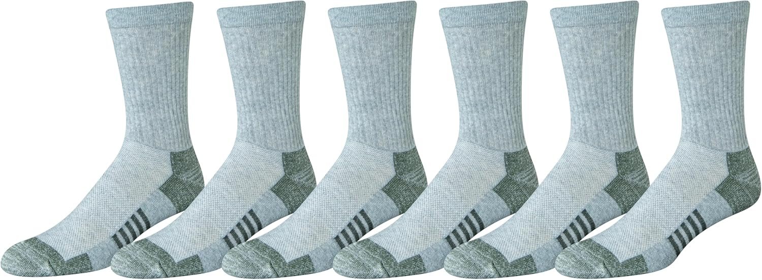 Men's Performance Cotton Moisture Control Socks, Athletic Crew, Breathable, 6 Pairs